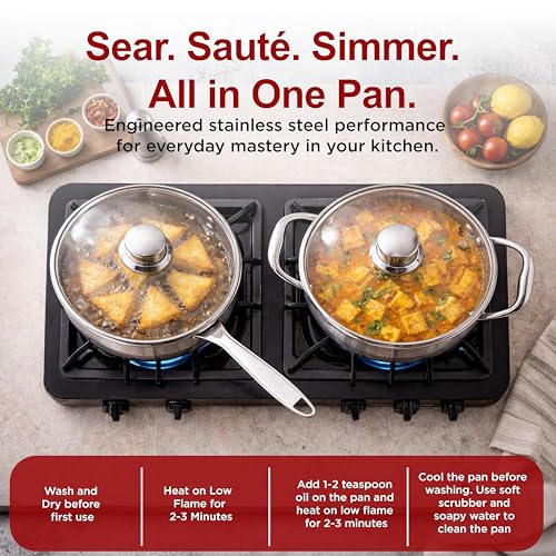 Image of PNB Triply Stainless Steel Frypan with Tempered Glass Lid | 26 cm 3 Litre | 3-Ply Induction Gas Compatible | PFOA Free | 5 Year Warranty | Large Frying Pan for Big Family & Party Cooking