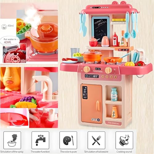 Image of K D Very Big Size Kitchen Playset with Premium Material 36-Piece for Kids, with Realistic Lights & Sounds, Play Sink with Running Water, Dessert Shelf Toy & Kitchen Accessories Set