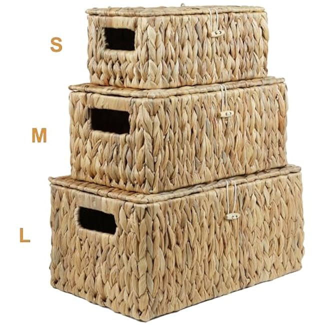 Small Wicker Basket with Lid, Natural Water Hyacinth Storage Baskets for Organizing, Rectangular Woven Basket for Storage, Decorative Boxes Bins with Lids and Built-in Handles (10.2 x 6.3 x 3.9)