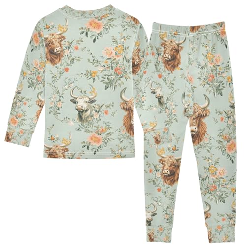 senya Highland Cows Vintage Flower Pajamas Set Long Sleeve Soft Cotton Sleepwear 2 Piece2