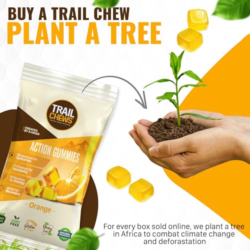 Image of Trail Chews - Orange Flavor - 4-in-1 Energy Gummies for Energy, Hydration, Immunity, and Recovery. 50mg Yerba Mate Caffeine, 403mg Essential Vitamins, and 1000mg BCAAs per Serving. Plant-Based & Gluten-Free. 12 Single-Serving Bags, 10 Gummies Each.
