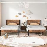 VECELO 2er Set Bettgestelle 90x200 cm, Einzelbetten mit Metall Lattenrost und massivem Holzkopfteil, stabil und geräuschlos, ideal als Gästebett und Jugendbett, Braun