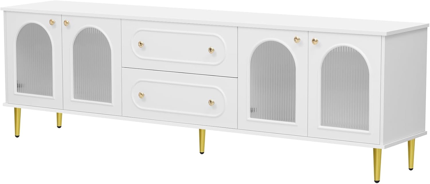 SOFTSEA Modern TV Stand for 80"+ TV, Console with 4 Glass Doors, Entertainment Center with 2 Drawers & Storage Cabinets, 78.7" Media Console Table for Living Room, Bedroom, White