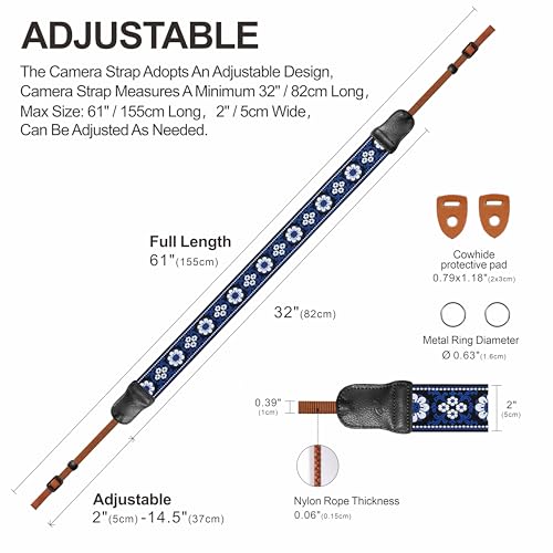 Image of Padwa Lifestyle Blue Flower Camera Strap - 2 inch Cowhide Leather Head Cotton Camera Straps for Photographers,Vintage Jacquard Embroidery Adjustable Neck & Shoulder Strap for ALL DSLR /SLR Cameras