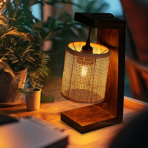 Image of Ikari Homes Vintage Table Lamp I Indonesian Rattan Cane with Braided Wire I Boho Table lamp for Bedroom /Living Room /Office Desk /Restaurants - (Rattan Square Mesh)