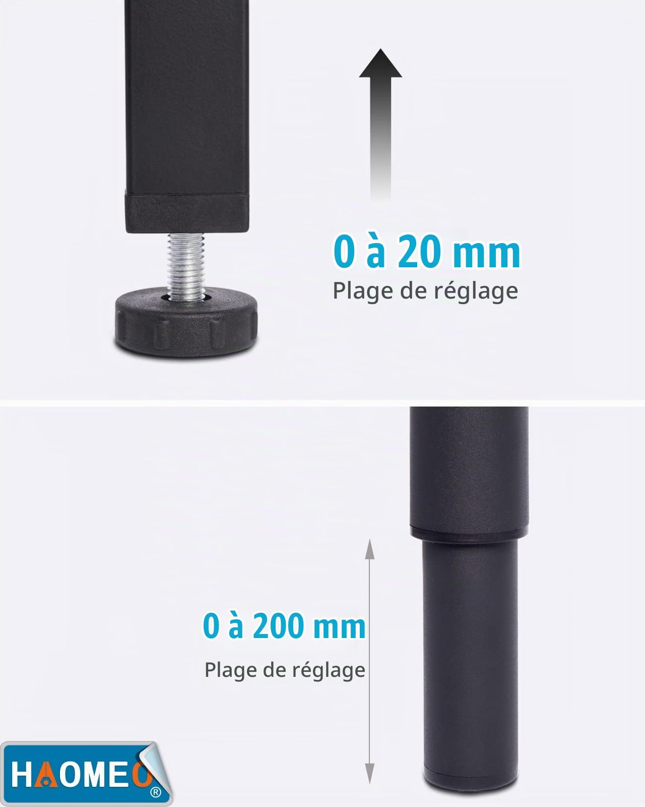 Pied de Lit 30 cm à Visser, Pied Sommier à Lattes Universel, Reglable en Hauteur, Metal, Carré + Rond, Boulons M8, pour le Cadre Métallique d’un Sommier Adulte, Noir, Lot de 5 (4 Latéraux + 1 Central)
