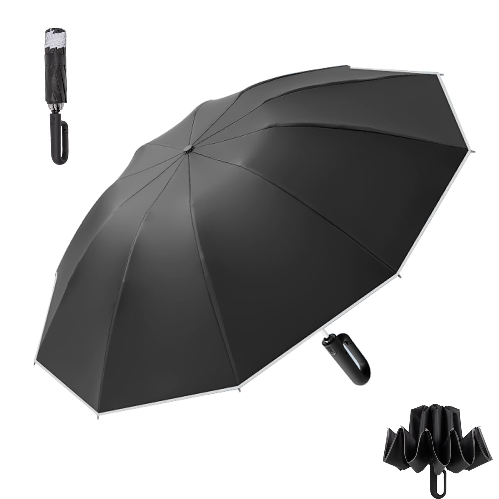 Afkengung Inverted Automatic Umbrella with Carabiner Handle well built Large Strong windproof Umbrella with reflective strip design easy folded down