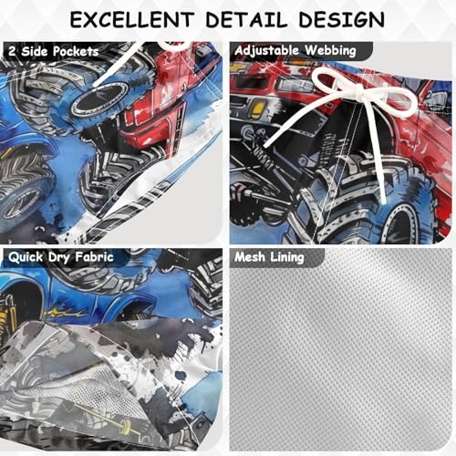 Pigsaly Boys Swim Trunks Hand Drawing Blue Monster Truck Red Boys Board Shorts Swimsuit Swimwear Summer Bathing Suit S3