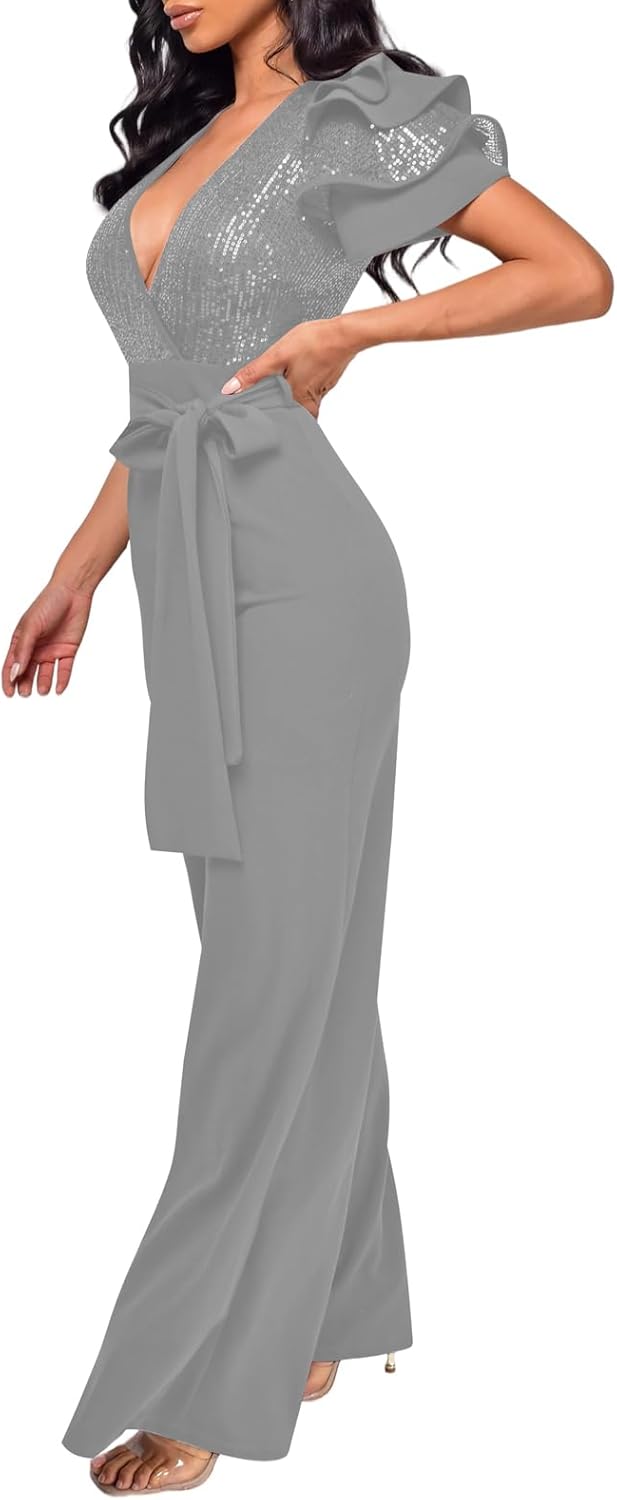 Sequin Jumpsuits for Women Dressy Summer Casual V Neck Short Sleeve Cocktail Club party Wide Leg Romper with Pockets - Image 2