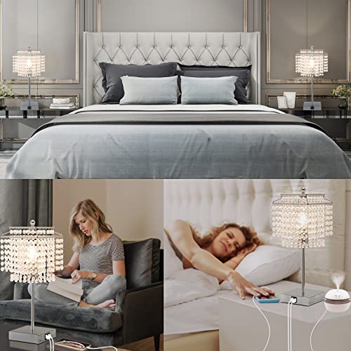 Image of Crystal Table Lamp with Touch Control Set of 2, USB Bedside Table Lamp | with USB C+A Ports Dimmable Lamp with Crystal Shade for Bedroom, Living Room, 6W LED Bulb Included