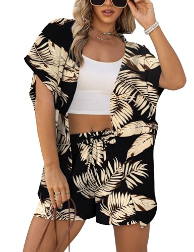 VOIANLIMO Womens Kimono Style 2 Piece Outfits Hawaiian Beach Tropical Print Cover Ups Batwing Sleeve Blouse Shorts Set Beachwear Black Flower Medium