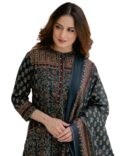 Image of Arayna Women's Cotton Printed Kurta Set with Palazzo Pants and Dupatta | Ethnic Straight Kurta