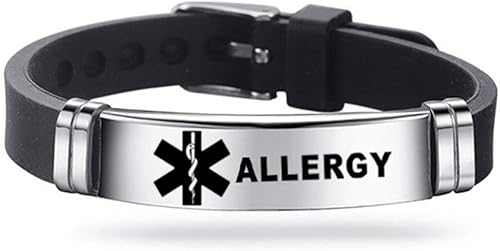 Pulsera de identificación de alerta médica grabada con láser, pulsera ajustable negra para hombres y mujeres, primeros auxilios de emergencia, 8.5