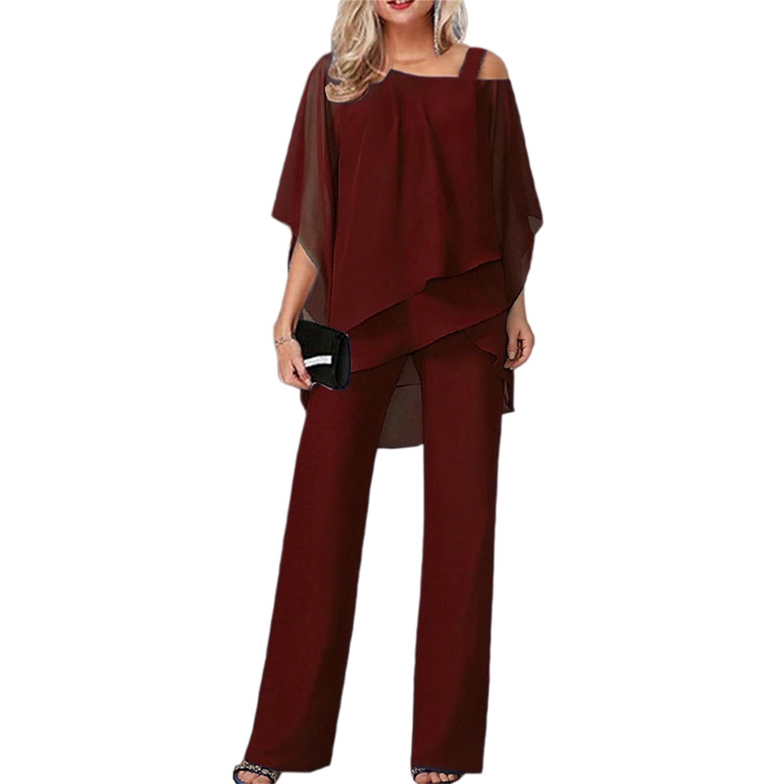 Generisch Elegantes Set aus Chiffon-Lagen-Top & Hose mit weitem Bein – Zweiteiliges Damen-Outfit mit asymmetrischem Oberteil und High-Waist-Hose für festliche Anlässe
