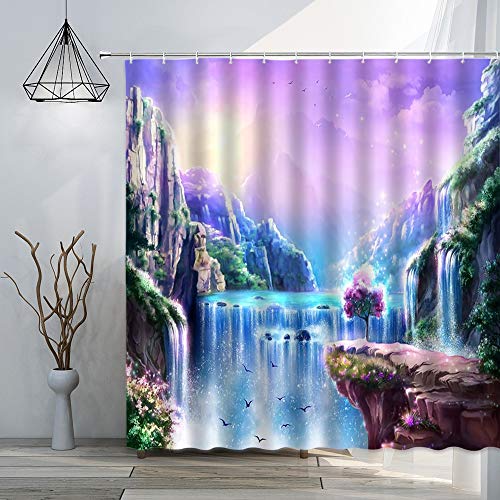 Fantasy Mountain Shower Curtain Magic Fairy Tale Landscape With Waterfalls Birds And Flying Island Decor,Purple Fabric Bathroom Set Hooks Included #TOP3