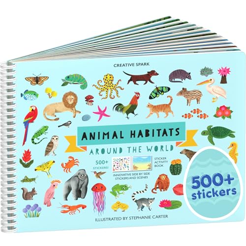 Animals Habitat 500+ Kids Sticker Book by Cupkin Toddler Airplane Travel Activity Coloring and Sticker Book, Easter Basket Stuffer, 12 Coloring Pages + 12 Scenes for Children's of 2-8 Years