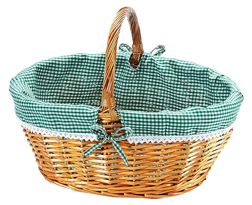 Kobolo Einkaufskorb geflochten Weide -mit Textil ausgeschlagen- grün weiß kariert - 45x34x20 cm