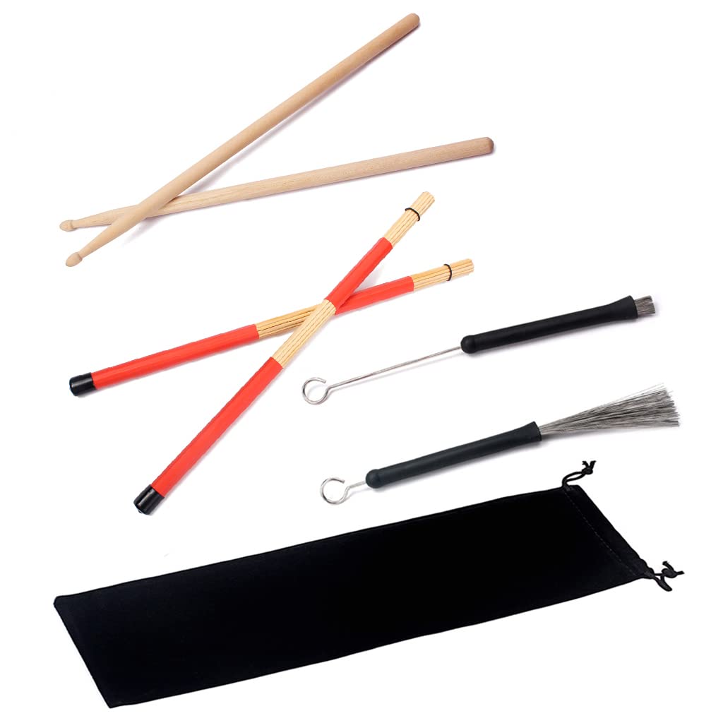 Alnicov Set di bacchette per batteria,1 paio di bacchette in legno 5A,1 paio di spazzole per batteria a bacchette e 1 paio di spazzole per bacchette retrattili con custodia portatile