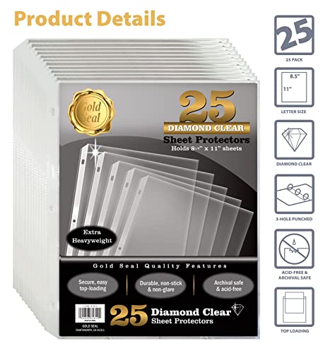 Image of GOLD SEAL Sheet Protectors, 25 Pack 8.5 x 11 Anti-Glare Sheet Protectors for 3 Ring Binder, Top Load Page Protectors for 3 Ring Binder, Durable Clear Plastic Sleeves