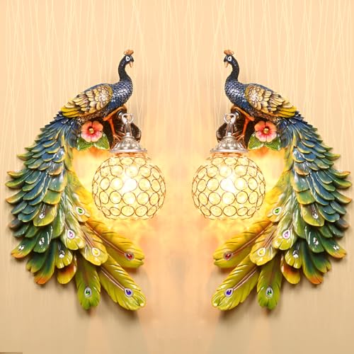 Image of Modern Peacock Wall Sconce | Resin Decorative Wall Lamp with Crystal Accents | European Retro Style Wall Light for Home Decor | Multicolour | Bulb Not Included