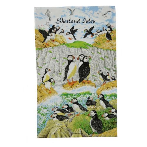 1x Scottish Cotton Tea Towel pack - 48x76 cm - Shetland Puffins Design - Traditional Scotland Heritage Tea towels for Kitchen - Mothers Day, Burns Supper, Christmas, Special occasions