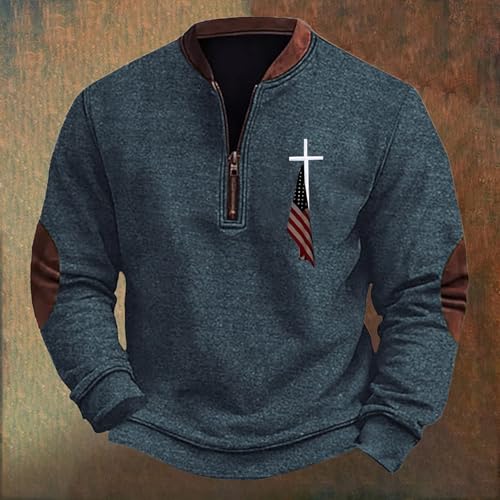 American Flag Sweatshirt for Men Quarter Zip Christian Jesus Cross American Flag Print Sweater with Elbow Patches2