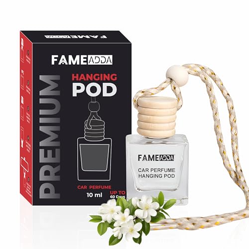 FAMEADDA 10 ML Premium Jasmine Car Perfume Hanging Pod/Car Air Freshener/Natural Fragrance Oils in Glass Bottle with Wooden Diffuser Lid/Last Upto 60 Days