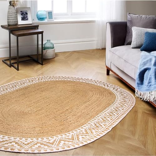Image of voyzz home 5x8 Feet-Oval, Premium Natural Jute Braided Area Rug, White Printed Border, Stain Resistance, Natural Brown, Handmade Rug for Entryways, Living Room, Dining Room, Bedroom, Office, Farmhouse