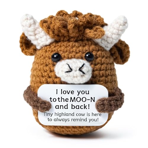 Jubilora Mini Highland Cow to My Love Positive Crochet Animals Cute Things of Desk Decor -I Love You Gifts for Him Her Highland Cow Stuffed Animal for Couple Girlfriend Boyfriend