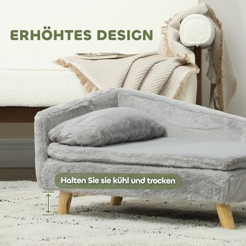 PawHut Hundesofa für mittelgroße Hunde, Hundebett mit abnehmbarem und waschbarem Kissen, Haustiersofa mit Holzbeine, mit Erhöhtem Design, 15 kg, Hellgrau