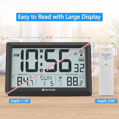 Atomic Clock Wall with Indoor/Outdoor Temp & 10.5" Large LCD Display, Black - Image 2