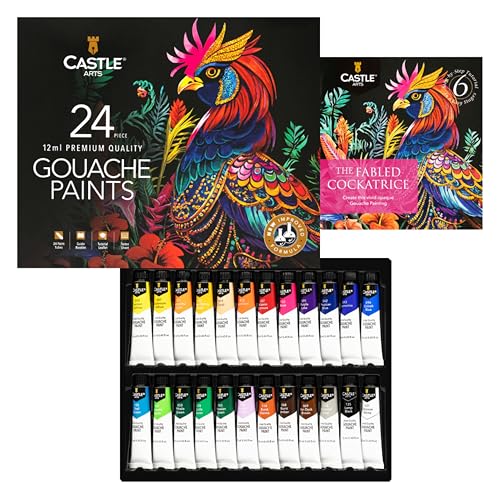 Castle Art Supplies Juego de pinturas Gouache | Fórmula mejorada | 24 x 12 ml colores brillantes, opacos, a base de agua | Versátil, fácil de usar (nueva fórmula mejorada)