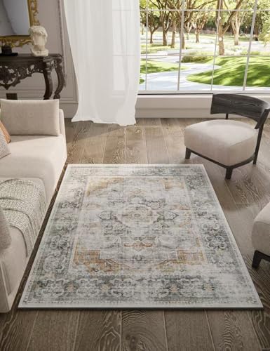 Washable Boho Bedroom Area Rug: 3'x5' Entry Throw Rug Stain Resistant Tribal Distressed Accent Rug Non Slip Low Pile Small Carpet for Entryway Living Room Bedside Kitchen Office Dorm Foyer Entrance
