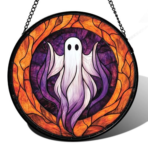 Stained Glass Window Hanging - Halloween Decorations White Purple Ghost Suncatcher for Doors Garden Indoor Spooky Funny Sun Catchers Gothic Decor Horror Gifts for Women Men Friend 15 in