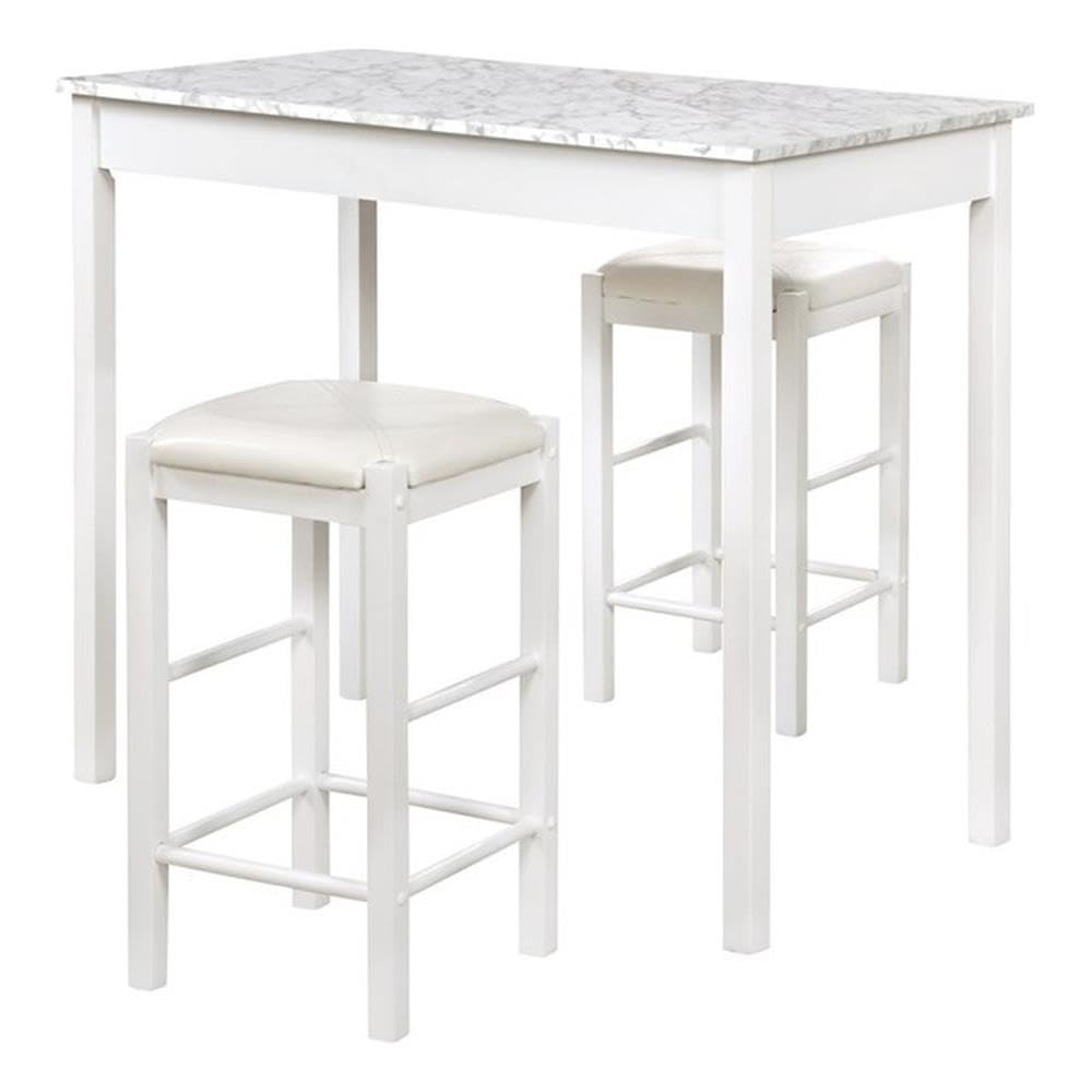 Riverbay Furniture Three Piece Wood Faux Marble Tavern Kitchen Dining Breakfast Table Set with 2 Stools in White
