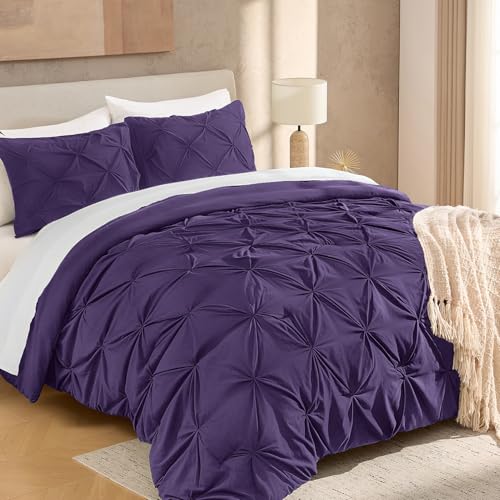 Image of Andency Full Pinch Pleat Comforter Set (79 inchx90 inch),3 Piece Lightweight Pintuck Bedding Comforters & Sets, Fluffy Down Alternative Comforter with 2 Pillow Shams for All Season,Purple