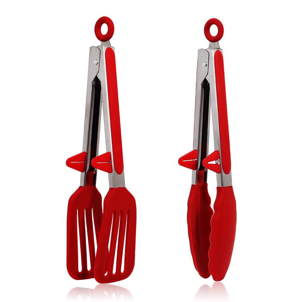 Kitchen Tongs, 9 Inch Silicone Tongs Set of 2 Food Safe Silicone Red Cooking Tong Non-Slip Locking BBQ Serving Salad Tongs with Stainless Steel Handle