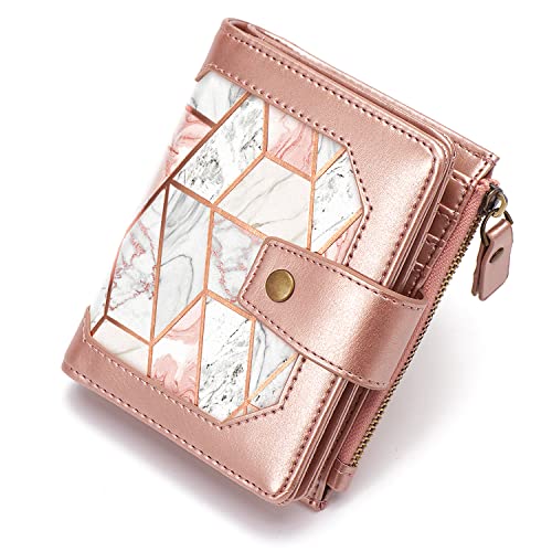 Image of Women's RFID Blocking Wallet Leather Small Compact Bi-fold Zipper Pocket Wallet Card Case Purse,Gold Pink Marble
