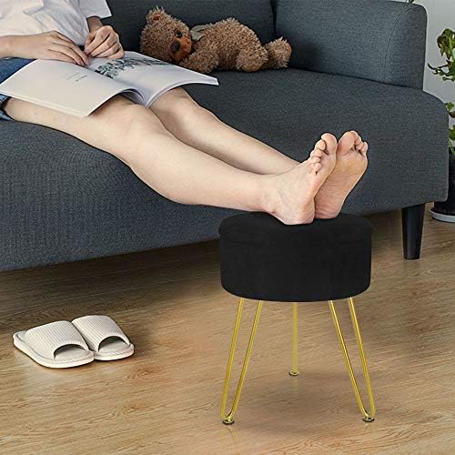 TOUCH-RICH Footrest Stool Round Velvet Storage Modern Ottoman Upholstered Vanity Footstool Stool Side Table Seat Dressing Chair with Golden Metal Leg Tray Top Coffee Table