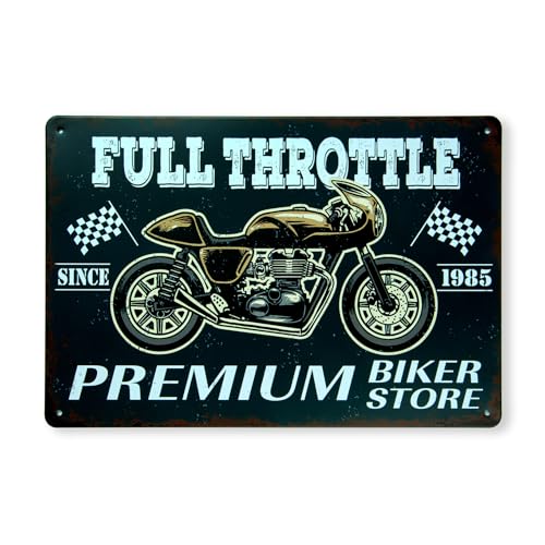 Image of Decorative Retro Metal Signs Wall Plate - 12x8 Inch (Full Throtle Since 1985) | Weatherproof Vintage Metal Sign Plate for Cafe, Home, Bar, Garage | Decorative Wall Hanging Sign Board
