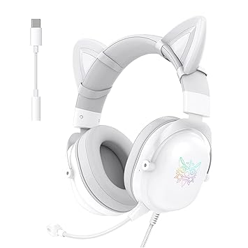 HOLULU Gaming Headset with Removable Cat Ears, Compatible with PC Mobile Phones Tablet, PS5 PS4 Xbox One(Adapter Not Included), with RGB Backlight, Removable Mic, 3.5mm & USB C Plug