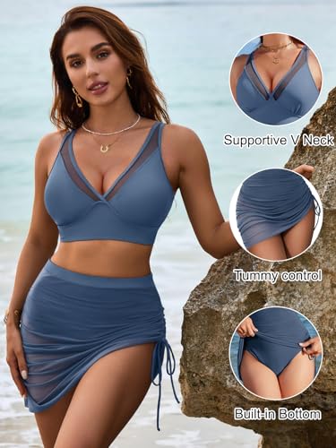 Image of Blooming Jelly Womens Swim Skirt High Waisted Bikini Sets Tummy Control Swimsuits Mesh Sarong Wraps Bathing Suits