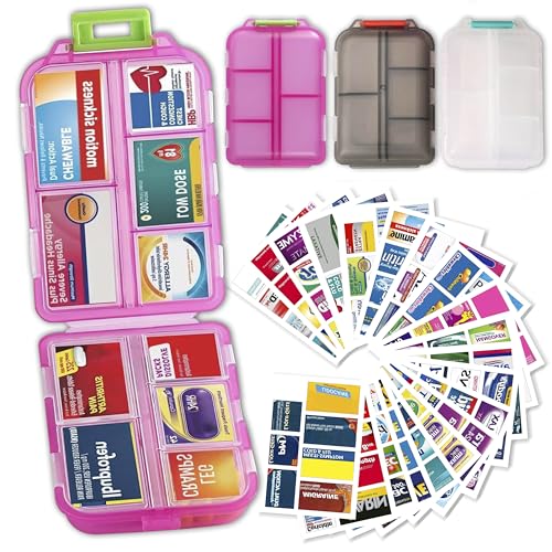 Image of 3 Pack Pill Organizers with Medicine Labels, Pink White Grey | 3 compact pill cases with 3x161 medicine labels for 7-day planning, vitamins, travel, family use, and separate routines