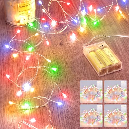 Image of Minetom 4 Pack Fairy Lights Battery Operated, 5 Feet 60 Led Firecracker Starry Lights Waterproof Silver Wire String Lights for DIY Wreath Wedding Party Bedroom Mason Jar Holiday Christmas, Multicolor