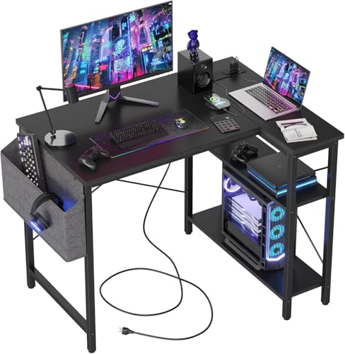 BEXEVUE L Shaped Gaming Desk with Power Outlets, 100x70 cm Computer Desk with Storage Bag, Office...