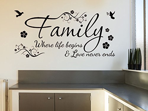 Family Wall Quote Where Life Begins & Love Never Ends Wall Sticker Vinyl Wall Art Quote Home Decal Dove Grey Medium 89cm Wide x 42cm high — image 1