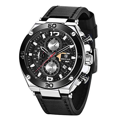 BENYAR Classic Fashion Business Men's Watch Multi-Function Chronograph Waterproof Stainless Steel Durable Men's Watch with Big face Design (Silver Black)