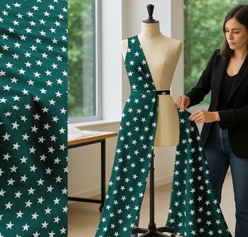 Image of Soimoi Green Cotton Cambric Fabric Stars Star Print Fabric by The Meter 42 Inch Wide