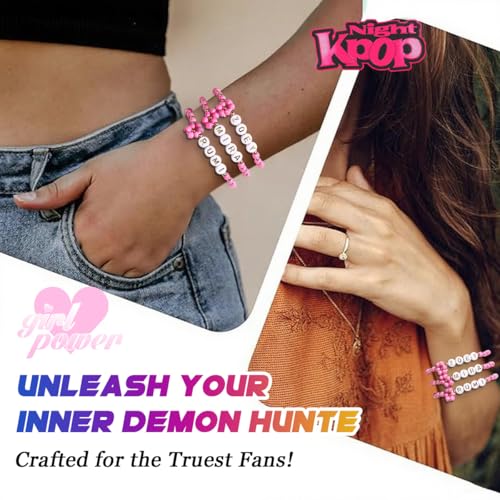 AICase for Kpop Demon Hunters Merch Rumi Zoey Mira Inspired Bracelets 3 Pcs Stackable Stretch Friendship Beaded Bracelets for Huntrix k pop Unique Merchandise Jewelry Gifts for Fans Women Men_Pink4