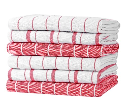 Zeppoli Classic Kitchen Towels - 6 Pack 100% Natural Cotton Towel Set, Reusable Wash Cloths, Absorbent Dish Towels, Machine Washable Hand Towels, Kitchen Essentials, 20� x 28� - Red VAR